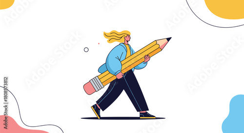 A creative woman with blonde hair walks while holding a large yellow pencil with an eraser.