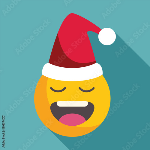 Yellow christmas emoji wearing santa hat, eyes closed, laughing out loud