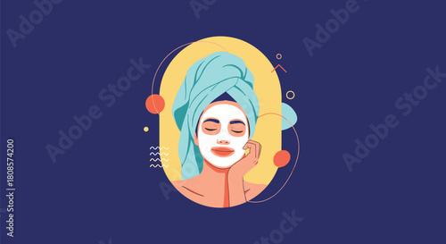 Illustration of a woman with a face mask and towel on her head enjoying a spa treatment.