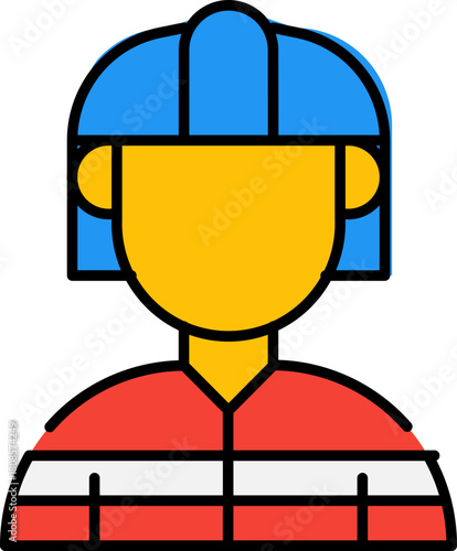 Line art illustration of a firefighter icon wearing a helmet and red uniform