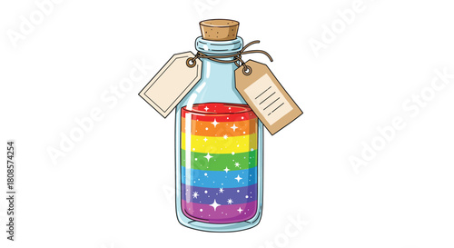 A clear glass bottle filled with rainbow liquid and sparkling stars, topped with a cork and two tags.