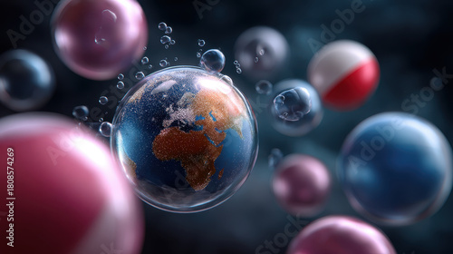 Earth globe in transparent bubble floating among colorful spheres in dark background