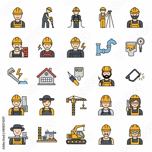 Construction workers and building industry icons with helmets, tools, crane, excavator, and plumbing elements