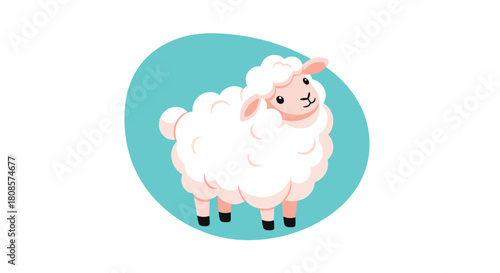A cute cartoon sheep with fluffy white wool stands on a teal oval shape on a white background.