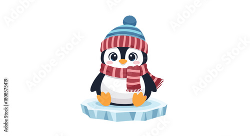 Cute cartoon penguin wearing a striped hat and scarf sitting on an ice floe.