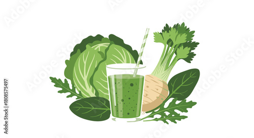 Fresh green smoothie with various vegetables like cabbage, celery, and spinach.