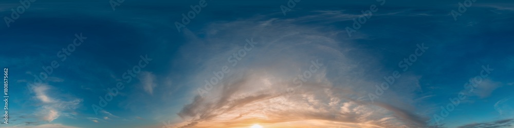 Obraz premium Seamless 360 HDR spherical panorama of sunset sky with vibrant pink Cirrus clouds. Full zenith or sky dome in 3D, sky replacement for aerial drone panoramas. Climate and weather change.