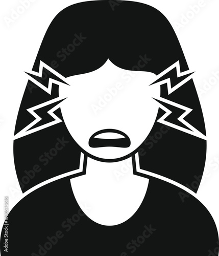 Black simple icon of a woman suffering a strong headache with lightnings near her eyes