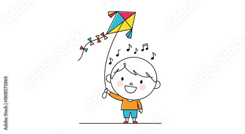 Happy cartoon boy flying a colorful kite with musical notes above his head.