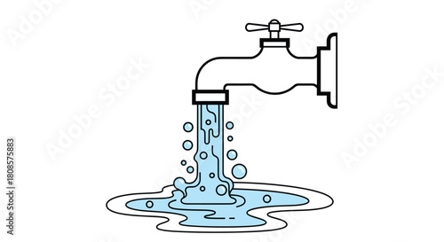 Water flowing from a faucet creates a puddle with bubbles on a white background.