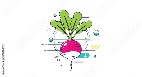 Flat design illustration of a radish with green leaves and abstract geometric shapes.