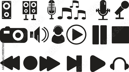 Collection of black and white music and audio icons on white background