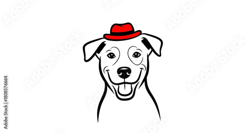 Stylized dog portrait with red hat radiating happiness and cartoonish charm
