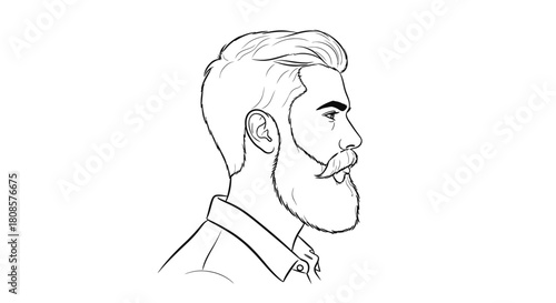 Monochrome Line Artwork: Profile of a Stylized Man with Full Beard and Pompadour Hairstyle