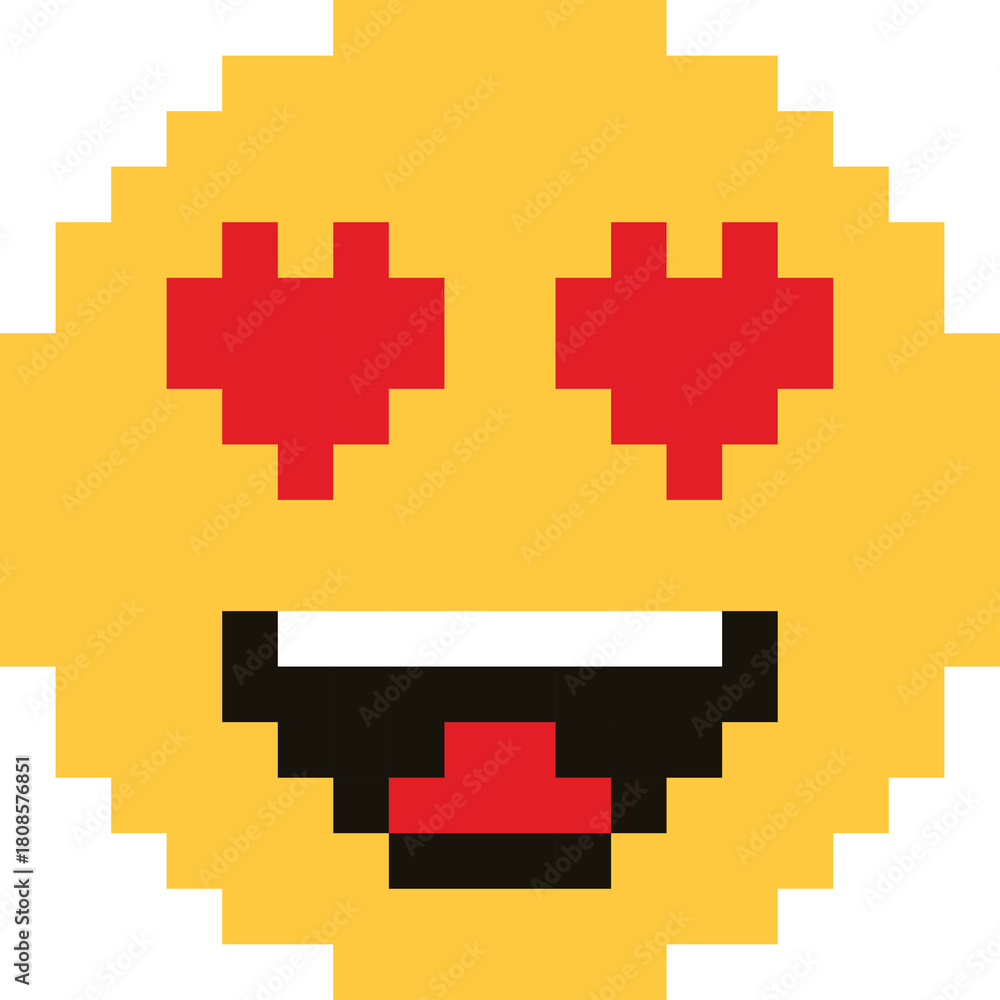 Obraz premium Pixelated yellow face with heart-shaped eyes and open mouth on transparent background representing adoration or excitement in a retro digital art style