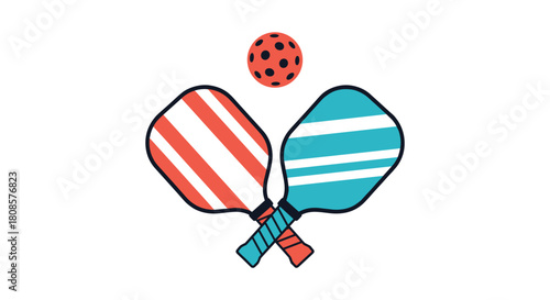 Pair of pickleball paddles crossed with a pickleball above them.
