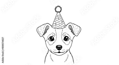 Charming monochrome sketch of a puppy wearing a party hat radiates happiness and joy