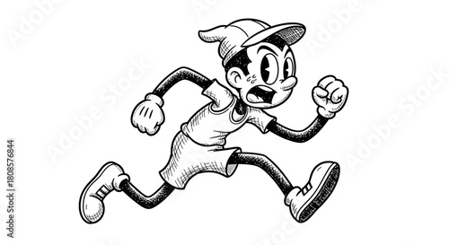 Cartoon illustration of a retro style boy running in panic, showcasing black and white vintage
