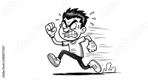 Cartoon illustration of an angry person running fast with a determined and furious expression