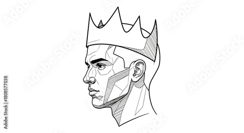 Abstract portrait illustration of a man with crown made of geometric shapes in monochrome artstyle