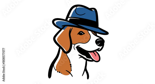 Whimsical beagle character with a stylish blue hat and tongue sticking out humorously