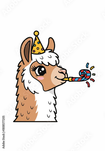 Playful cartoon llama Birthday Party with Hat and Confetti.