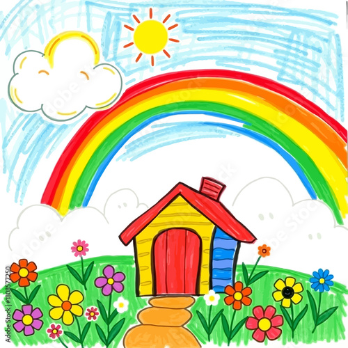 A whimsical, childlike drawing depicts a colorful house nestled in a flower-filled meadow under a bright rainbow, sun, and fluffy clouds in a blue sky.