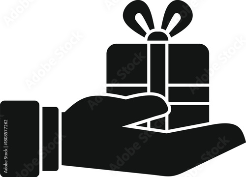 Gift box with ribbon being held in hand, simple black and white icon representing giving a present