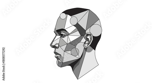 Geometric human head with triangular facets and rounded markers for artistic design
