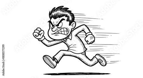 Furious cartoon man running with an angry expression, showing speed and determination, line art