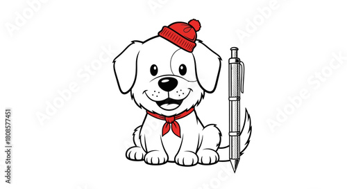 Charming dog illustration wearing a hat standing beside a sleek pen representing writing and