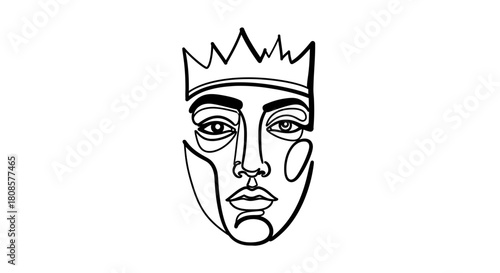 Minimalistic line art portrayal of royalty, abstract regal portrait with a crown design