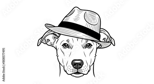 Intricate monochrome drawing of a dog wearing a fedora hat showcasing line work