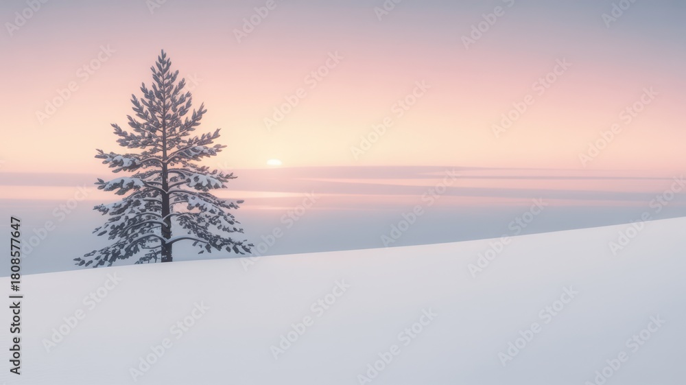Obraz premium Snowy tree in field at pastel winter sunrise.