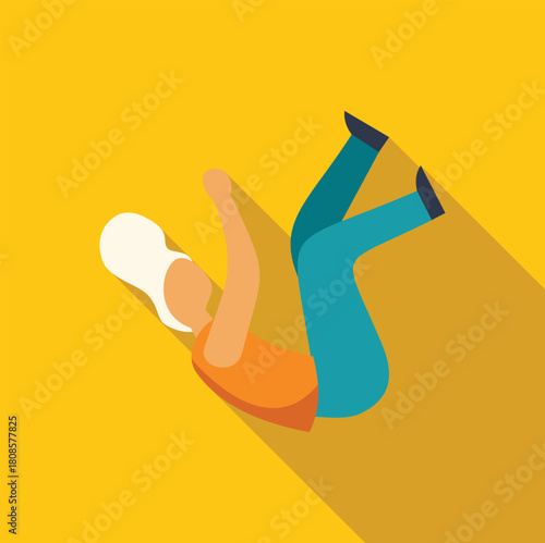 Woman falling down with long shadow on yellow background, representing accident, risk, or danger