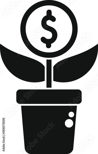 Potted plant growing a dollar coin representing return on investment, financial success and passive income