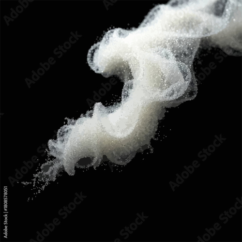 Abstract cloud-like formation of sugar crystals against a stark black backdrop, creating a visually captivating and artistic display.