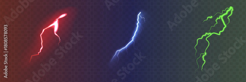 Set of the isolated realistic lightnings with transparency for design. Thunder-storm and lightnings. Magic and bright lighting effects. Natural effects