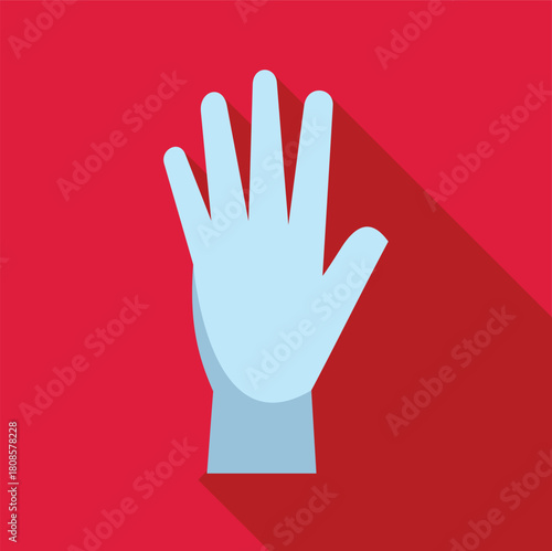 Light blue medical glove showing five fingers on red background, healthcare and hygiene concept