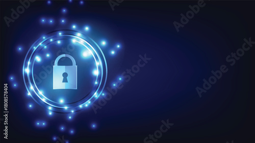 digital padlock with futuristic circle shield on blue background with copy space. cyber security and data protection