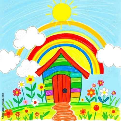 A vibrant and whimsical crayon drawing depicts a colorful house under a rainbow and cheerful sun, surrounded by flowers and fluffy clouds in a bright blue sky.