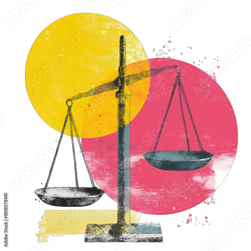 Minimalist pop art balance scale with grunge texture and color circles