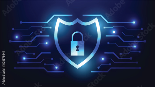 shield and padlock symbol on hi tech circuit board background. cyber security and fraud prevention