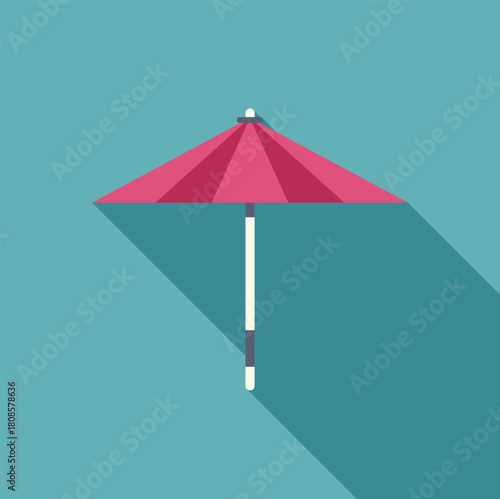 Minimalist vector illustration of a pink parasol casting a long shadow on a turquoise background, evoking summer vacation vibes