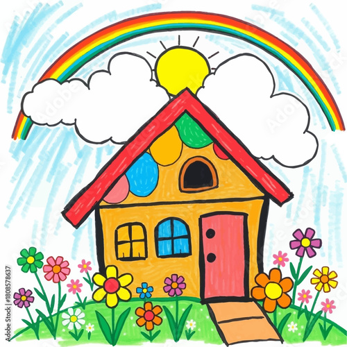 Child's drawing of a colorful house with a rainbow, sun, and flowers, evoking a sense of joy and imagination, perfect for children's illustrations.