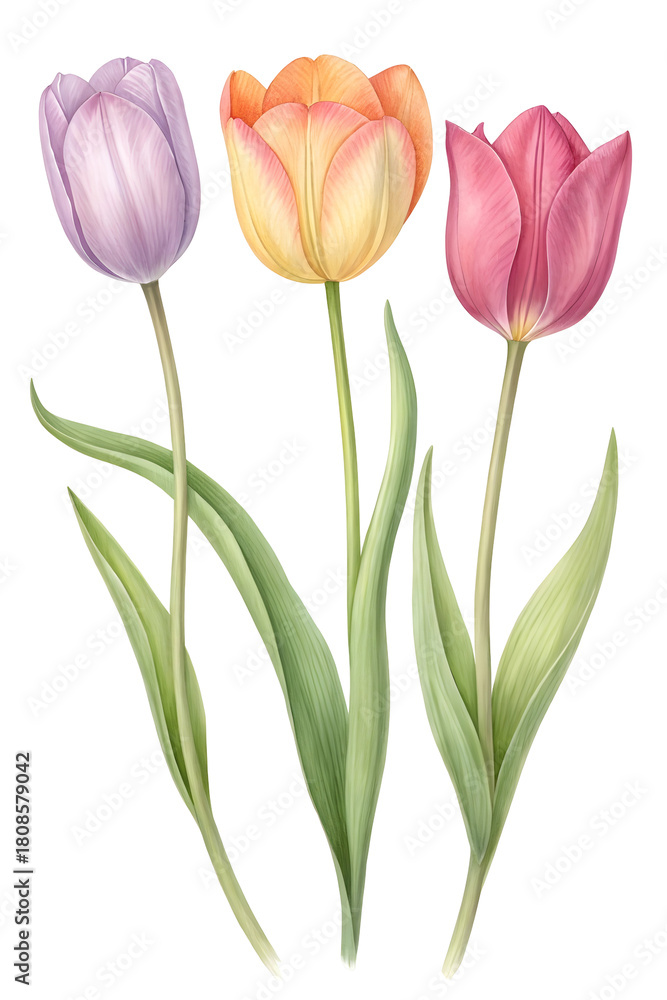 Fototapeta premium Watercolor Three Tulips in Pastel Colors isolated on a transparent background