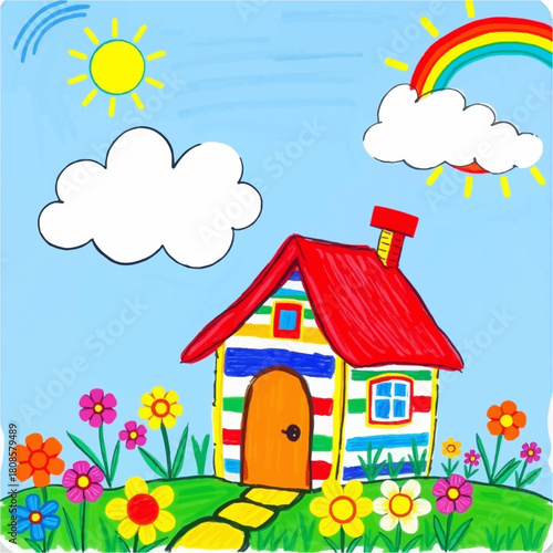 Whimsical illustration of a colorful house surrounded by flowers, under a bright sun and rainbow, evoking a sense of joy and childhood imagination.
