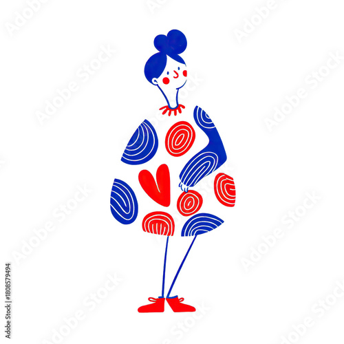 Playful digital illustration of a quirky woman with bold patterns, abstract art.
