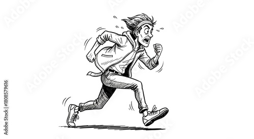 Urgent fleeing: monochromatic sketch of a man running with distressed expression