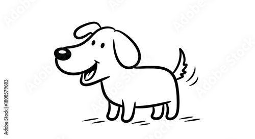 Delightful cartoon dog with wagging tail exudes joy and friendliness in a simple line drawing style